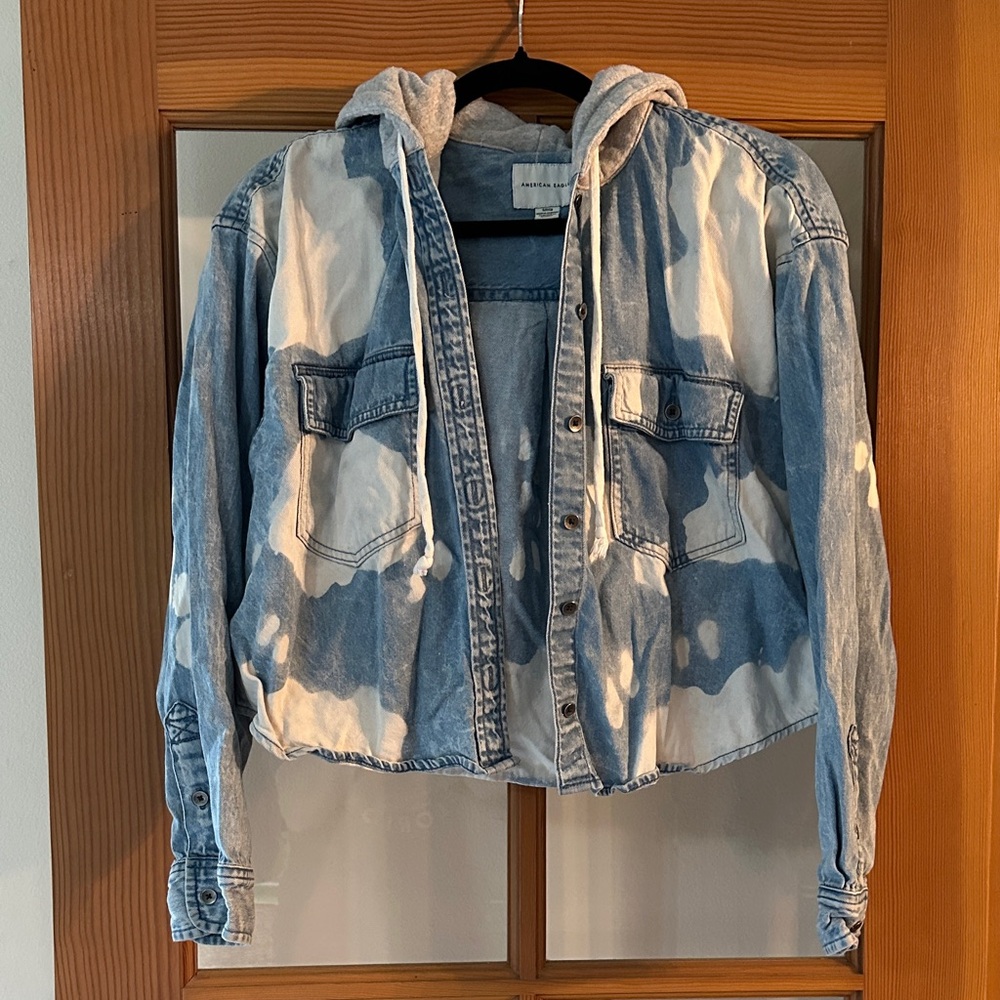 American Eagle Outfitters Cropped Cow-spotted Jean Jacket with Hood